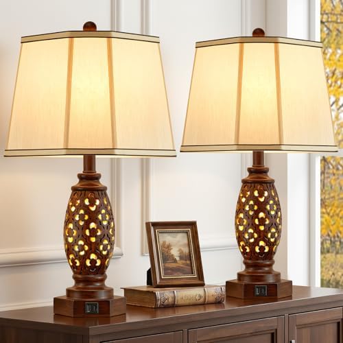 EJIAXIN Bedside Lamps Set of 2-23.5" Vintage Table Lamp with USB A+C and Nightlight - Brown Carved Resin Farmhouse Desk Lamp for Bedrooms, End Tables, Living Room, Bulbs Included by WelcometoEJIAXIN