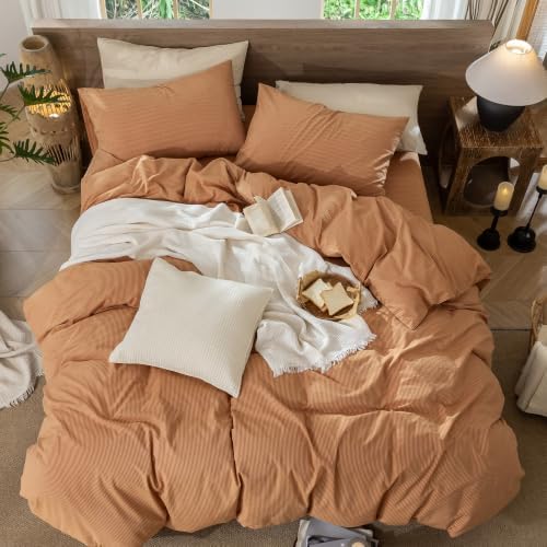 MooMee Striped Duvet Cover Set 100% Washed Cotton Linen Like Queen - Image 4