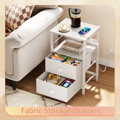 Furologee End Table with Charging Station, Nightstand with Fabric Drawers, Side Tables with USB Ports & Outlets, Night Stand with Storage Shelf & Hooks, for Living Room/Bedroom, White - Image 6