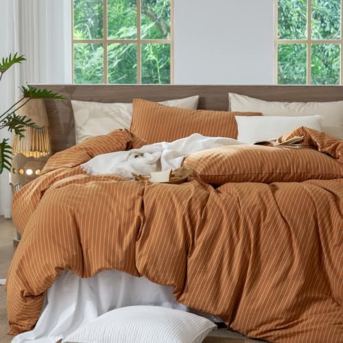 MooMee Striped Duvet Cover Set 100% Washed Cotton Linen Like Queen - Image 5