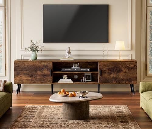 SUPERJARE TV Stand for 55, 65 Inch TV, 63 Inch Entertainment Center with Adjustable Shelf, 2 Cabinets, TV Console Table, Media Console, Solid Wood Feet, 4 Cord Holes, for Living Room, Rustic Brown - Image 2