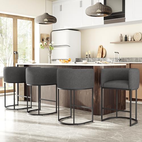 26" H Counter Height Bar Stools Set of 4, Modern Barrel Counter Stools with Backrest and Arms, Linen Fabric Upholstered Accent Barstools for Kitchen Island,Support 450 LBS (Carbon Black) by VATROS