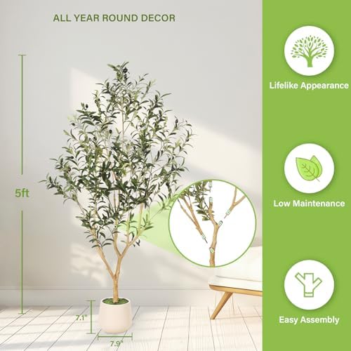 FEELEAD Faux Olive Tree 5ft with Planter for Home Office Living Room Decor - Image 3
