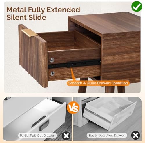 VINGLI Night Stand, Fluted Nightstand Wood, Mid Century Modern Nightstand for Bedroom, Bedside Table, Wood Side Table, Small Night Stand Walnut, 15.75" W*11.81" D*21.85" H - Image 5
