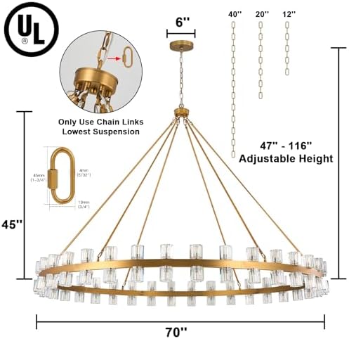 70 Inch Gold Wagon Wheel Chandelier with Crystal Shade, 72 Lights, Modern Farmhouse Style, Ideal for Dining Room, Kitchen, Entryways - Image 5