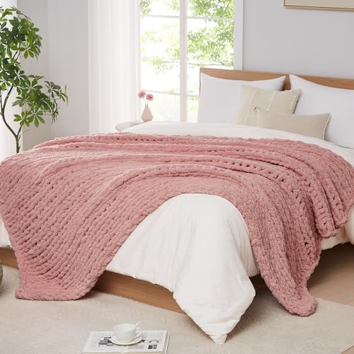 L'AGRATY Chunky Knit Throw Blanket for Couch, 80 x 90 Inches, Rose Pink by LAGRATY