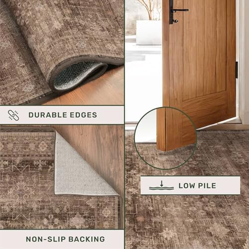 Boho Taupe Brown 4x6 Living Room Rug - Modern Traditional Oriental Neutral, Washable Low Pile Non-Slip Small Area Rugs for Entryway, Bedroom, Foyer, Mudroom - Image 5