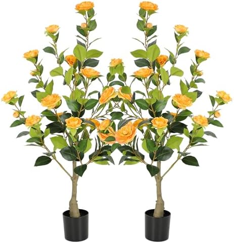 Nafresh 3FT Lush Artificial Orange Camellia Tree Outdoor 2 Pack, 36inch Faux Camellia Plant, Fake Camellia Flowers Tree for Indoor Outdoor Living Room Home Patio Front Door Garden Decor by Nafresh
