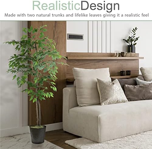 LCG Florals 6ft Artificial Ficus Tree in Black Metal Pot - Real Wood Trunk, No Maintenance Indoor Faux Plant - Living Room, Home & Office Decor - Image 4
