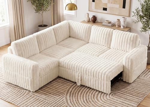 HONBAY Plush Corduroy Modular Sectional Sofa with Pull Out Bed, Convertible L Shaped Couch with Storage,Sleeper Sectional Couches for Living Room,Plush Beige by HONBAY