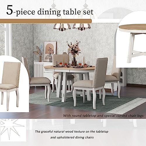 Harper & Bright Designs Kitchen Dining Table Set for 4, 5 Pcs Wooden Round Extendable Dining Table and 4 Upholstered Dining Chairs, Oak Natural Wood - Image 5