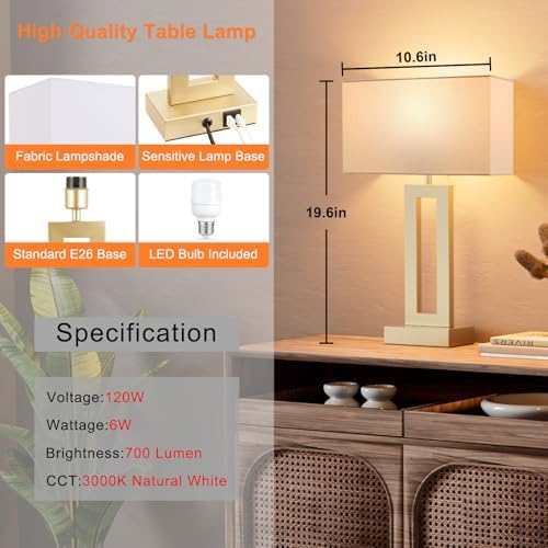 Seealle Nightstand Table Lamps for Bedrooms Set of 2 - Touch Bedside Lamp with USB C+A, 3 Way Dimmable Living Room Lamps for End Tables Set of 2(White&Gold) - Image 7