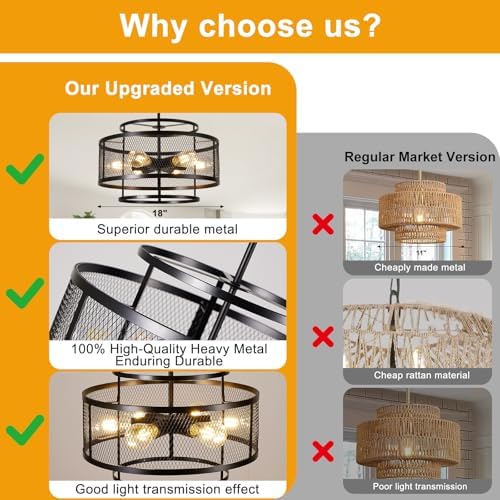 18" Dining Room Light Fixture/Chandelier Over Table, No Assembly Required 6-Light Modern Pendant Lights Kitchen Island,Industrial Black Hanging Pendant Lights Fixture for Kitchen Island Foyer Entryway - Image 7