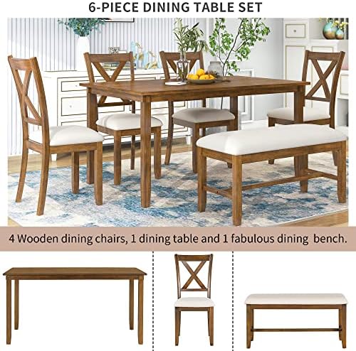 6-Piece Dining Room Table Set, Rustic Farmhouse Wood Dining Table Set with Rectangular Table 4 Upholstered Padded Chairs and 1 Padded Bench, Dining Set for Family of 4-6 People - Image 4