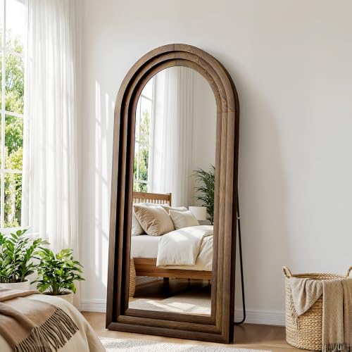 24"x65" Full Length Mirror Solid Wood Frame, Arched Floor Mirror Full Length with Stand, Room Decor Big Full Body Mirror with HD Tempered Glass for Bedroom, Living Room, Walnut Wood by WISSMIELSHOME