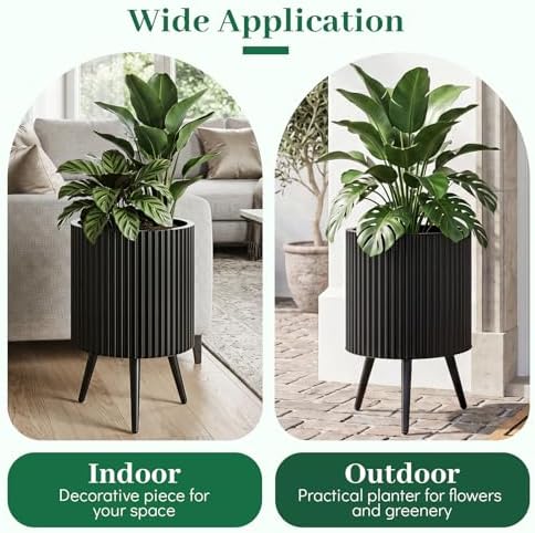 GIANTEX 14 Inch Plant Pot w/Stand Set 2, Mid-Century Modern Fluted Planter - Image 7