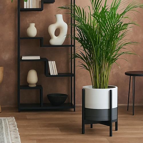 D'vine Dev Ceramic Pot with Ebony Wood Stand, White/Grey, 12 in, 55-B-H-6 - Image 4