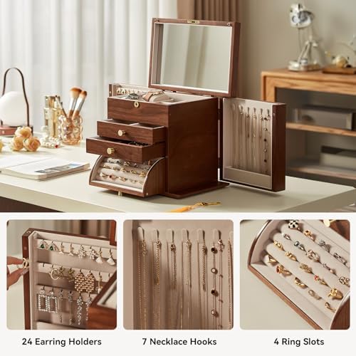 Black Walnut Wooden Jewelry Box for Women, 4 Layer - Image 5