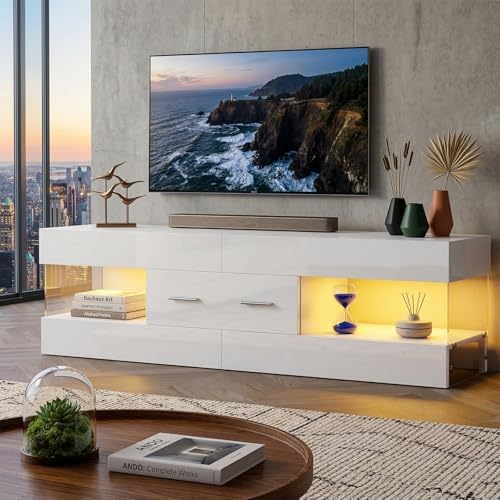 Bestier 60 Inch White Modern TV Stand, LED Entertainment Center Console by Bestier