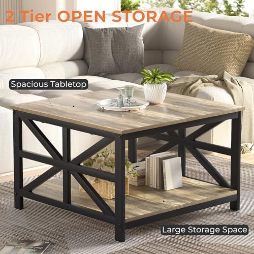 GreenForest 27.55 Inch Square Coffee Table with 2 Tier Storage - Image 5