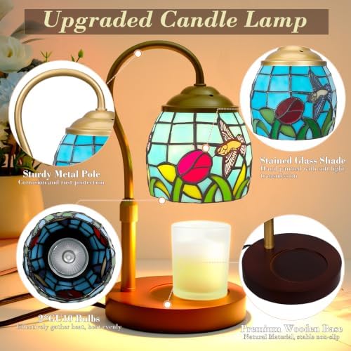 Candle Warmer Lamp with Timer Dimmer, Adjustable Height Candle Warmer for Jar Candles, Birthday Gifts for Women New Home Bedroom Decor Tiffany Hummingbird Style Stained Glass with 2 Bulbs - Image 3