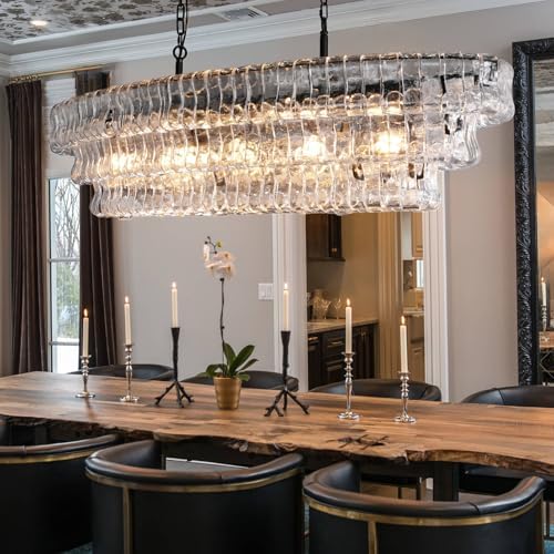 YIOSI 54 Inch Large Rectangular Black Chandelier for Dining Room, Clear Glass Drum Modern Pendant Light Fixture, Extra Long Kitchen Island Lighting - Image 3