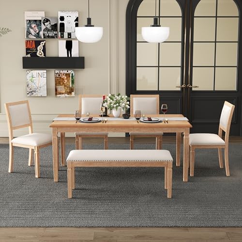 VilroCaz Farmhouse 6-Piece Dining Table Set, 59 to 72-Inch Extendable Dining Table with 4 Chairs & Bench, Vintage Kitchen Table Set with Distressed Finish and Retro Carved Legs (Natural-11.6) by VilroCaz