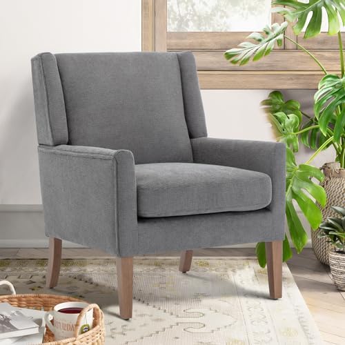 COLAMY Modern Wingback Living Room Chair Set of 2, Upholstered Fabric Accent Armchair, Single Sofa Chair with Lounge Seat and Wood Legs for Bedroom/Office/Reading Spaces, Gery - Image 3