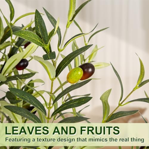 VIVATREES Olive Trees Artificial Indoor, 5FT Tall Faux Olive Tree with White Tall Planter, Artificial Plants with Natural Wood Trunk and Lifelike Fruits for Home Office Decor - Image 6
