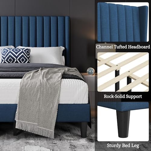 Yaheetech Full Bed Frame with Headboard, Navy Blue Channel-Tufted Platform - Image 4