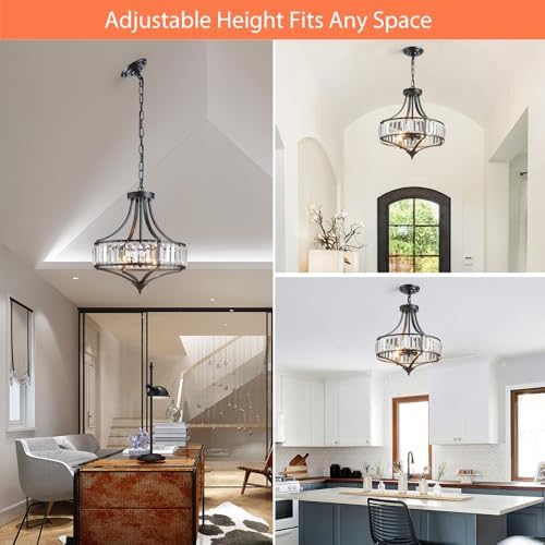 Black Crystal Chandeliers for Dining Room, Round Rustic Farmhouse Chandelier with Metal Shade 4-Light Modern Pendant Lighting for Hallway, Bedroom, Foyer - Image 6