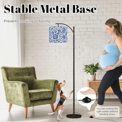 Arc Floor Lamp Floral Swirling Blue White Design Dimmable Modern Standing Lamp with Remote Adjustable Drum Shade Footswitch Tall Pole Lamp for Living Room Bedroom - Image 4