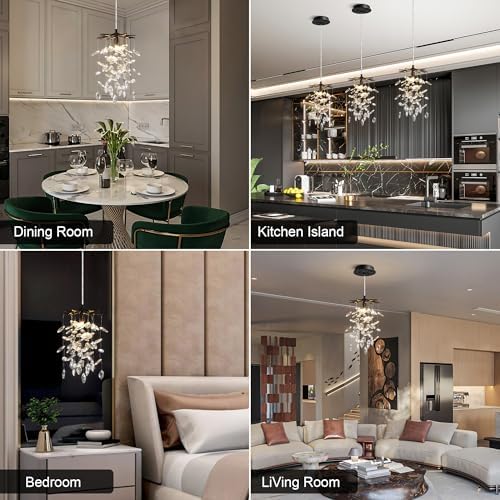 8.3" Black Crystal Pendant Light for Kitchen Island, Modern Tree Branch Chandeliers, Luxury Round Raindrop Chandelier Pendant Lights Fixture for Dining Room, Living Room, Bedroom, Foyer, Entryway - Image 2