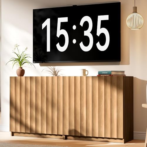 Modern Buffet Cabinet with Storage, 63" Wide Fluted Arched Sideboard Cabinet with Adjustable Shelves, Wooden Modular Coffee Bar for Dining Room, Kitchen, Living Room, Entryway, Natural - Image 7