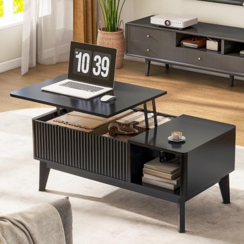 LYNCOHOME Fluted Coffee Table with Hidden Compartment, Wood Lift Top Coffee Tables, Modern Center Table for Living Room, Home Office, Black - Image 3
