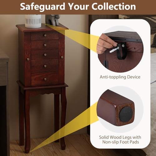 GIANTEX Standing Jewelry Armoire Cabinet with 4 Drawers, Flip Top Mirror, Top Storage Compartments, 2 Side Doors with 8 Necklace Hooks, Freestanding Jewelry Organizer Box Chest (Walnut) - Image 6