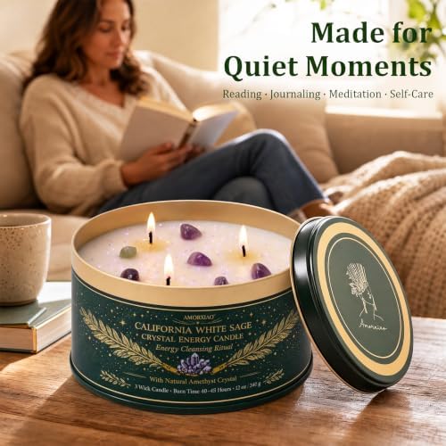 White Sage Candle for Cleansing with Crystals, 12 oz 3-Wick Jar Candle - Image 2