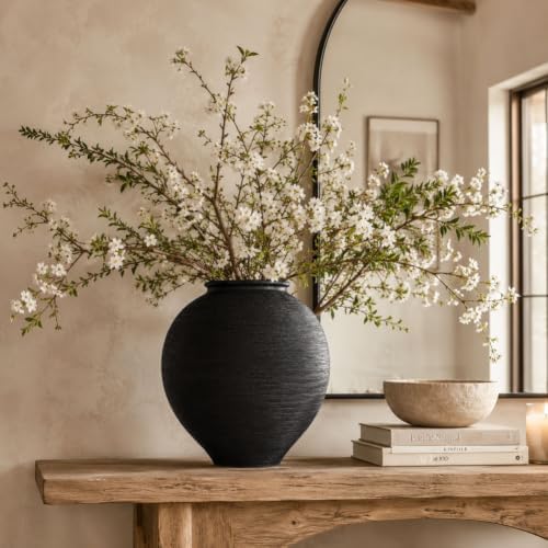 Large Blak Ceramic Vase - 11.8 Inch Large Black Round Vase, Rustic Farmhouse Vase for Home Decor, Dining Table, Shelf, Bedroom, Living Room, Kitchen, Office, Bathroom, Mantle, Centerpiece Décor - Image 4