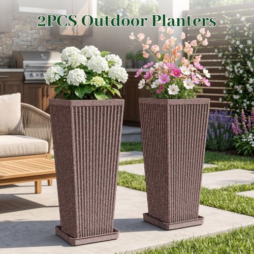 Square Tall Planters for Outdoor Plants with Tray - 24" Brown 2Pack - Image 5