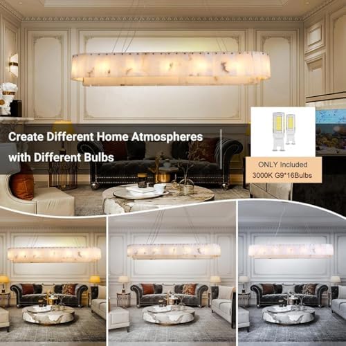 L54in Alabaster Chandelier for Dining Room, Rectangular Modern Chandelier, Spanish Natural Marble Chandeliers, 2-Tiers Pendant Lights Kitchen Island, Chandelier for Living Room, For Foyer, Entryway - Image 6