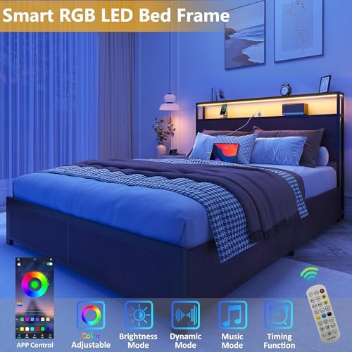 Lifezone Full Bed Frame with 2-Tier Storage Headboard, Metal Platform Bed Frame with 4 Storage Drawers, Built in Charging Station & LED, Noise-Free/Metal Support/No Box Spring Needed, Coffee Brown - Image 4