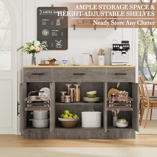 Shintenchi Buffet Cabinet with Storage,53.4" Large Kitchen Storage Cabinet with 3 Drawers and 4 Doors,Wood Farmhouse Buffet Sideboard with Adjustable Shelf for Kitchen Living Room, Gray - Image 5