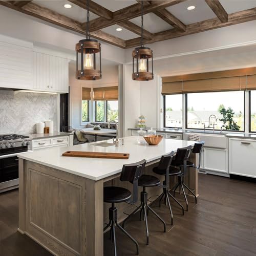 2 Pack Rustic Farmhouse Wood Pendant Light Fixture One-Light Adjustable Chain Oak Wood and Metal Drum Cage Small Pendant Lighting for Kitchen Island Sink Hallway Farmhouse Bathroom Bar, Black - Image 3