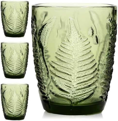 Green Drinking Glasses Set of 4, 10 oz Glass Cups, Vintage Fern Glassware by QELVIO