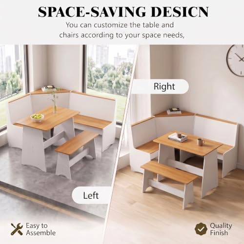 Item Name: Farmhouse Breakfast Nook Table Set with L-Shaped Bench & Storage, Reversible Seating for 3-4, Easy-Clean Waterproof Laminate, Space-Saving Corner Design (White + Natural) - Image 4