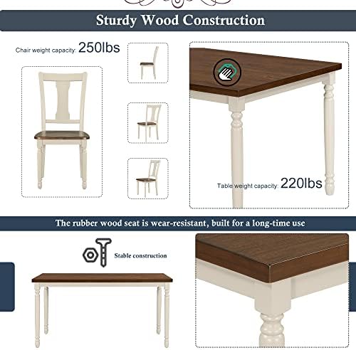 6 Piece Solid Wood Dining Table Set with Bench for 6, Brown+Cottage White - Image 6