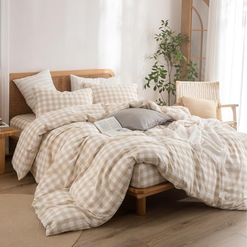 BESTOUCH Gingham Cotton Duvet Cover Set Almond Grey Full - Image 5