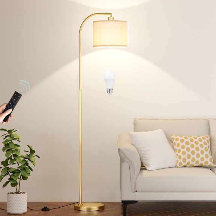 Ambimall Arc Floor Lamp with Remote and Stepless Dimmable Bulb, Colors Temperature & Brightness Adjustable, Gold Floor Lamps for Living Room(Deep Beige Shade & Gold Pole) by Ambimall