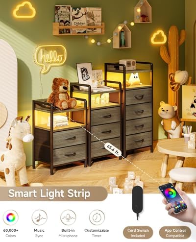 Lazzanto Nightstand with Rear Charging Station, LED Light, 2 Drawers, Grey - Image 4