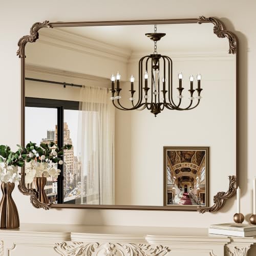 TETOTE Baroque Gold Antique Brass Scroll Wall Mirror 42 x 36 Vintage Rectangle Framed Baroque French Rectangular Mirror for Mantle Fireplace Bathroom Living Room, Horizontal/Vertical by TETOTE